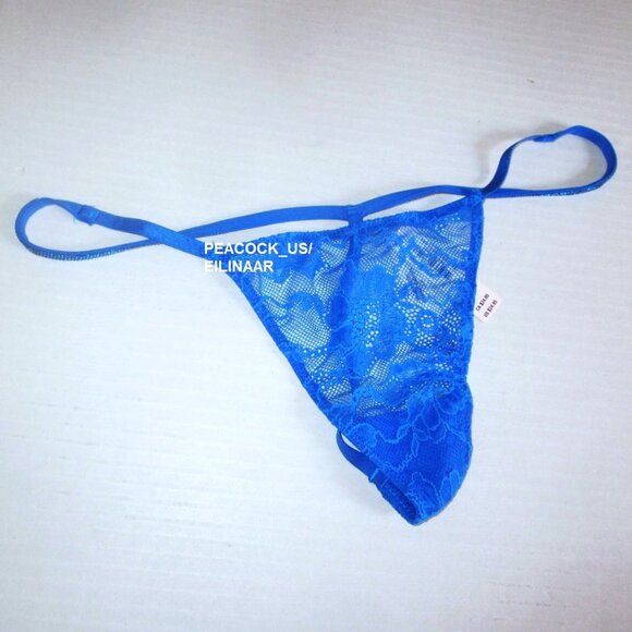 VICTORIA SECRET Very Sexy Shine Strap V-String Thong Panty  M Blue Lace $25 - Picture 2 of 4